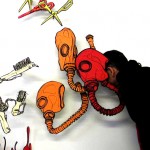 Jesús Andrés with gas mask drawings